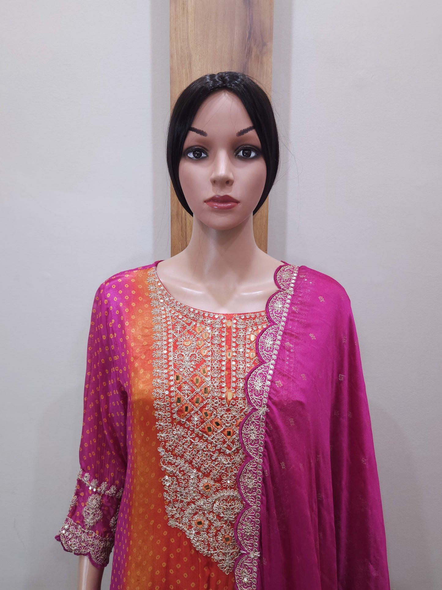 Pink Orange Stylish Embroidered Silk Dupatta Set