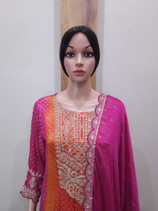 Pink Orange Stylish Embroidered Silk Dupatta Set
