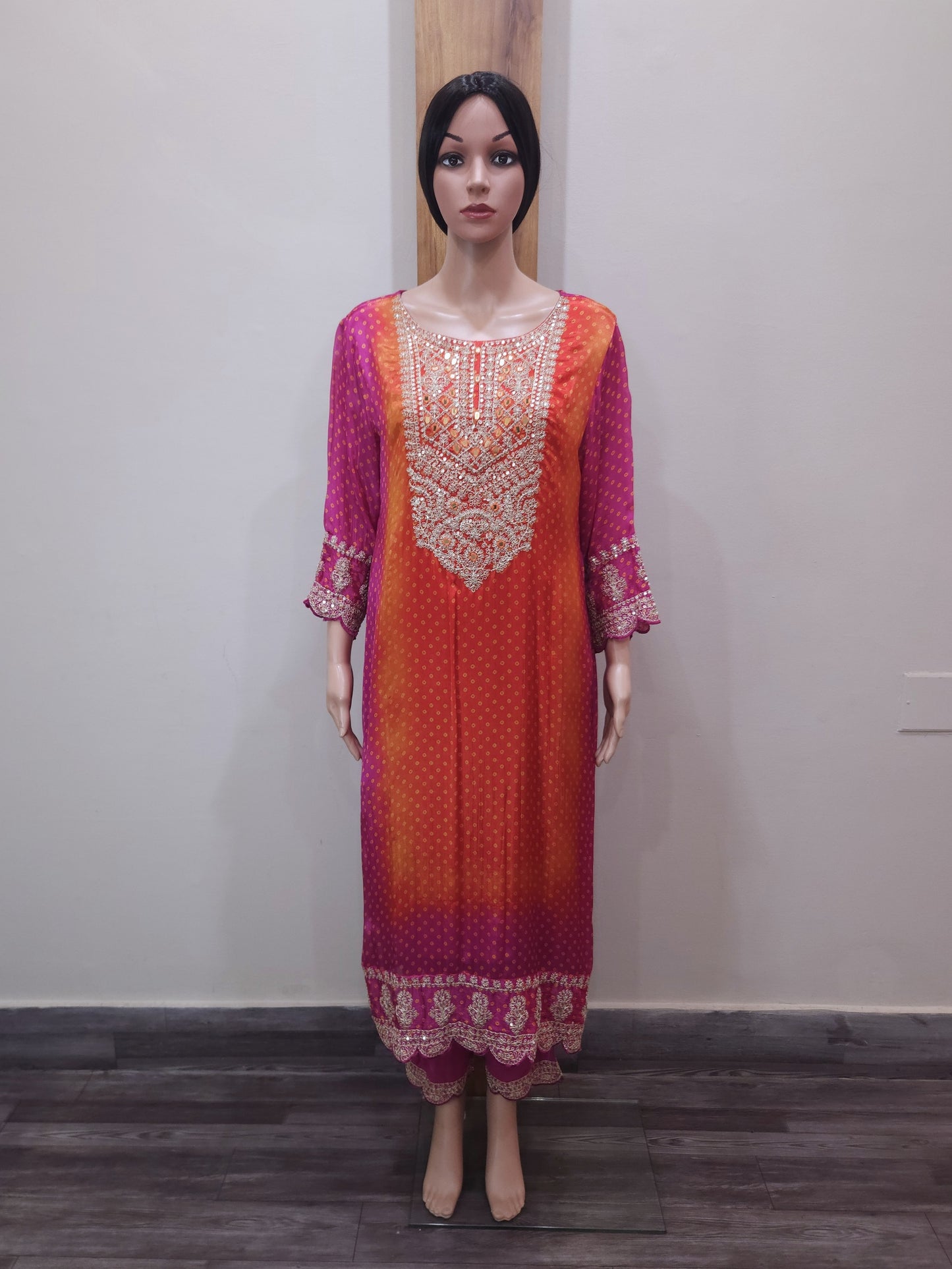 Pink Orange Stylish Embroidered Silk Dupatta Set