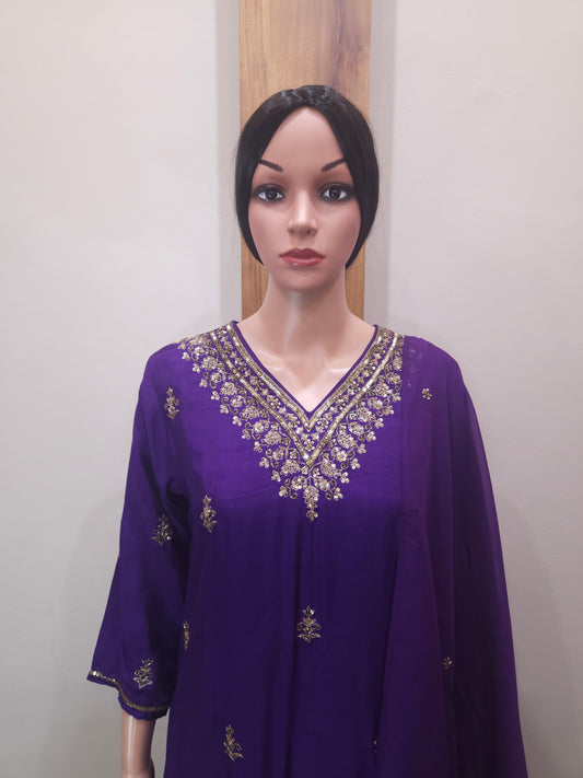 Purple Dola Silk Embroidered V Neck Kurta with Pant and Dupatta
