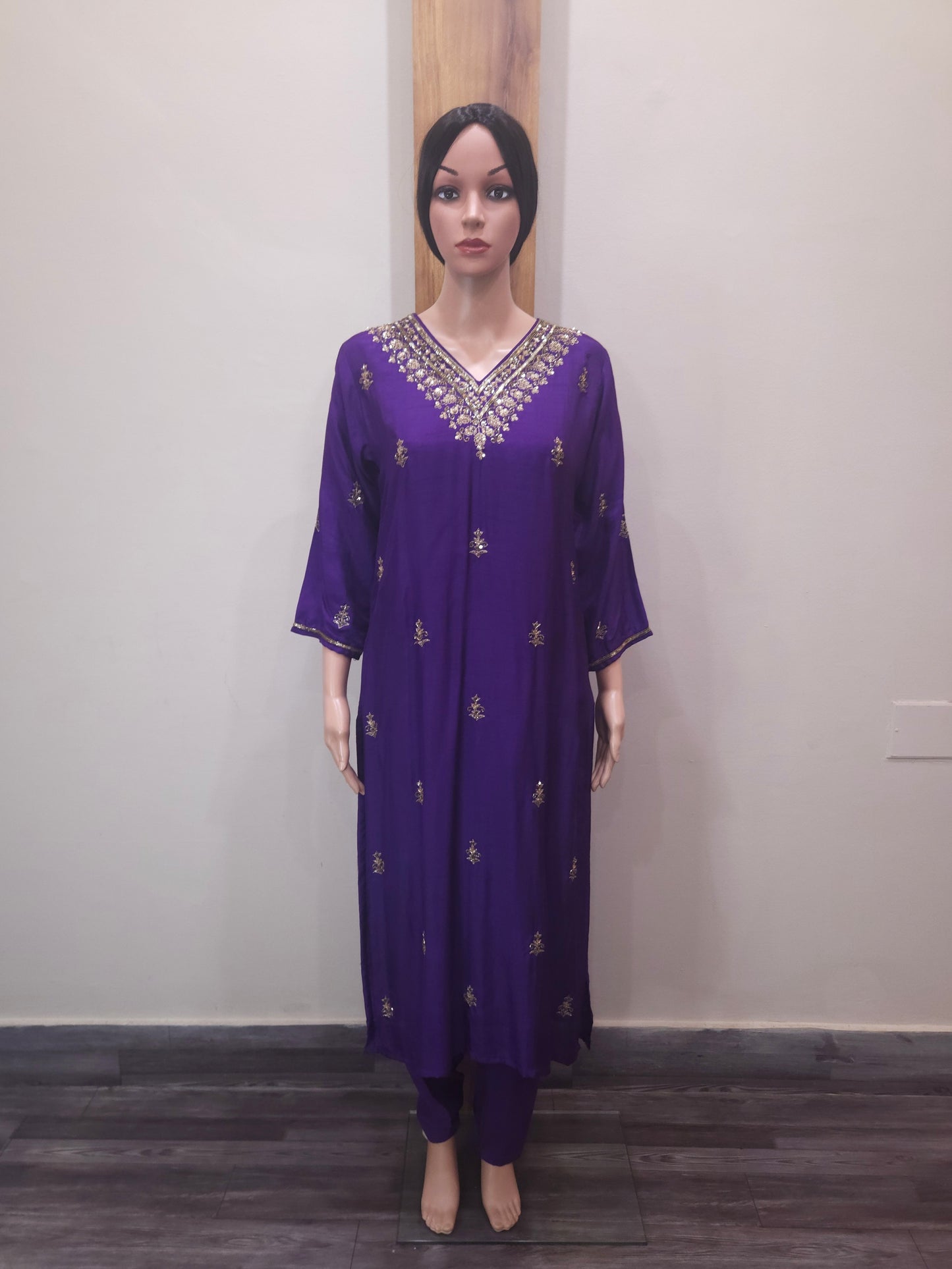 Purple Dola Silk Embroidered V Neck Kurta with Pant and Dupatta