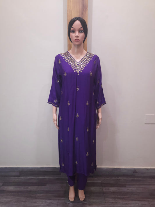Purple Dola Silk Embroidered V Neck Kurta with Pant and Dupatta