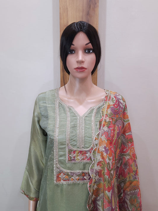 Green Shimmer Silk Kurta with Pant and Dupatta