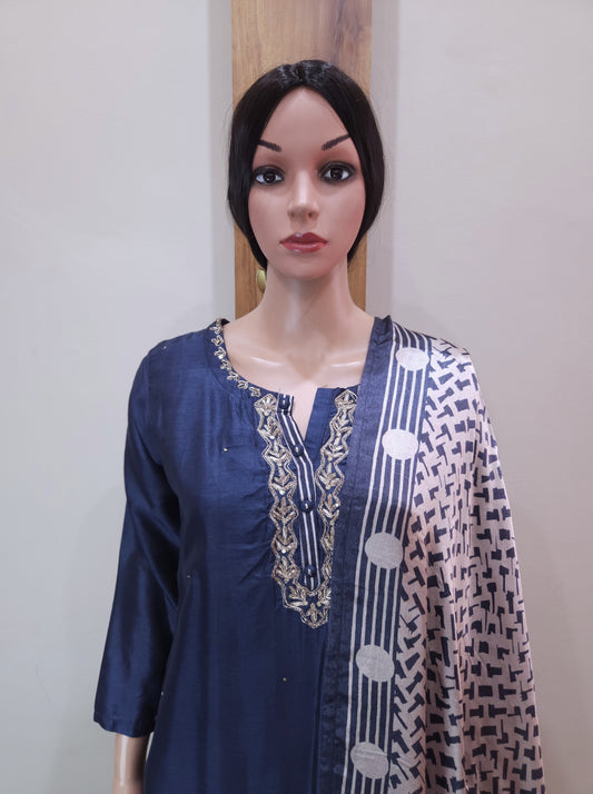 Blue Dola Silk Premium Handwork Kurta with Pant and Russian Silk Dupatta