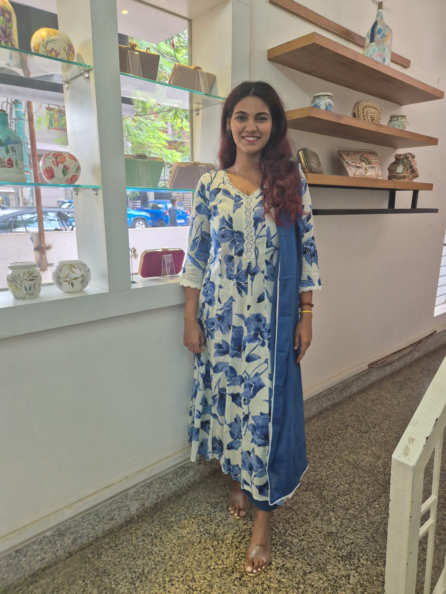 Blue white cotton anarkali dupatta set