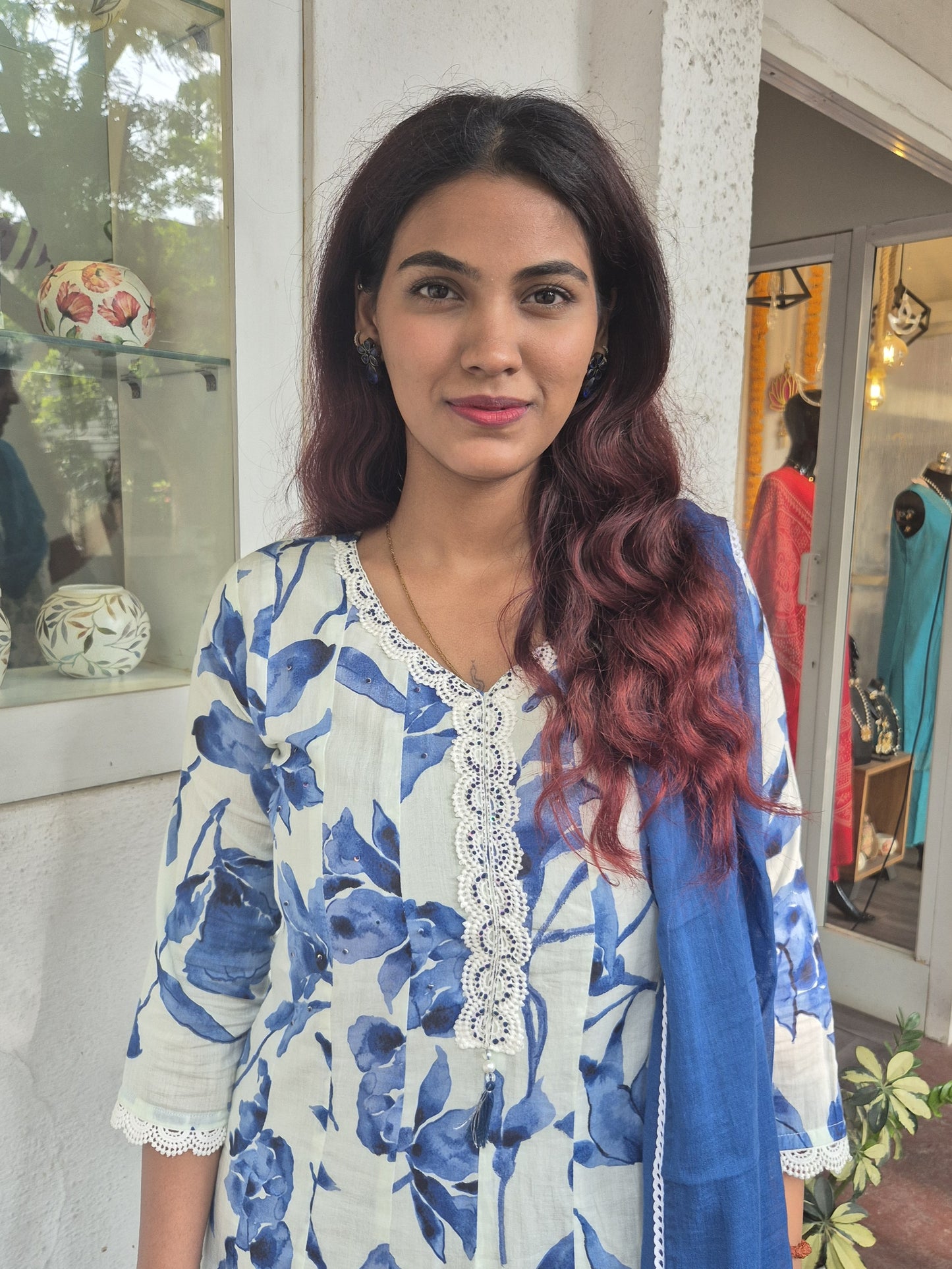 Blue white cotton anarkali dupatta set