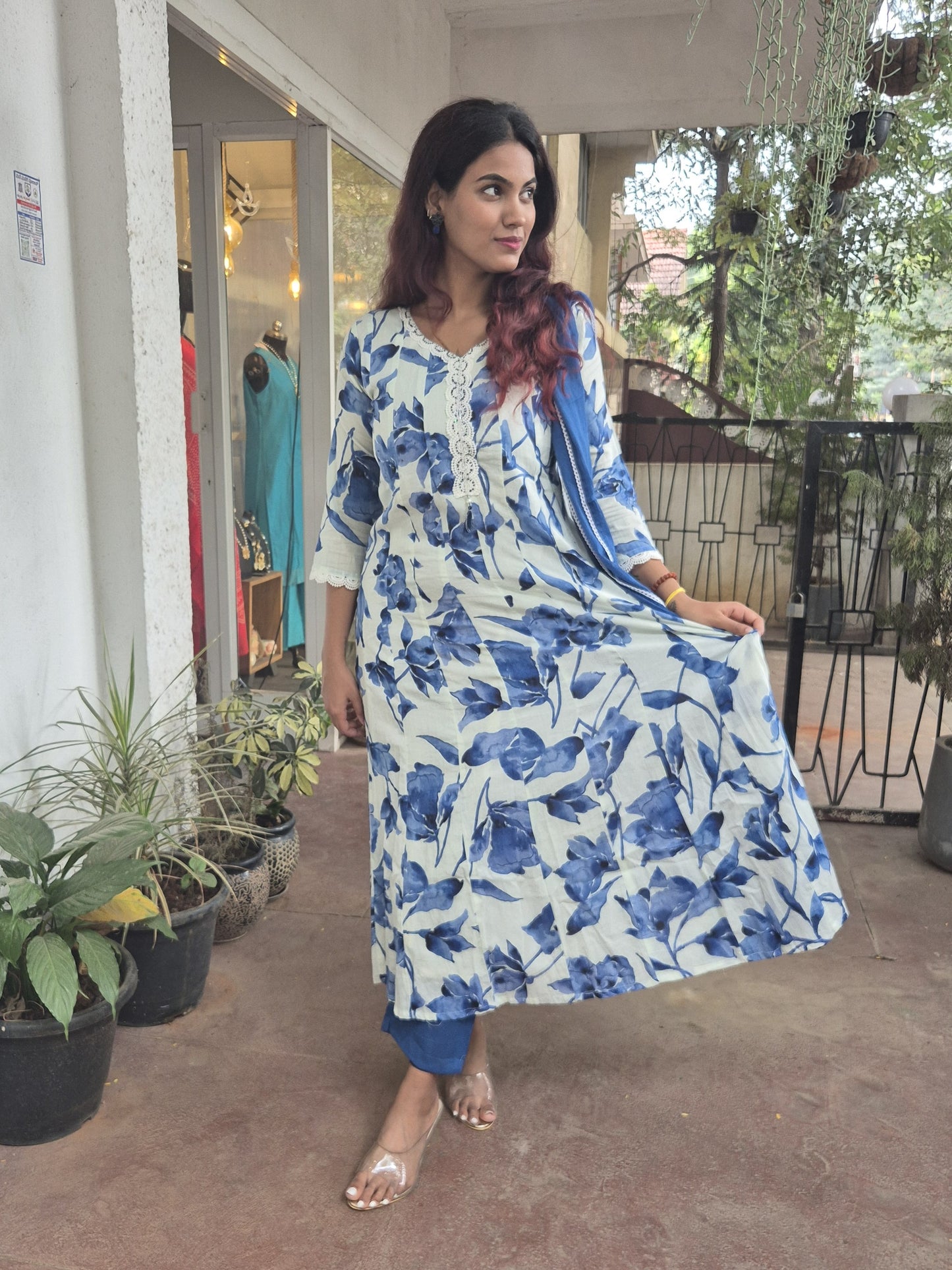 Blue white cotton anarkali dupatta set