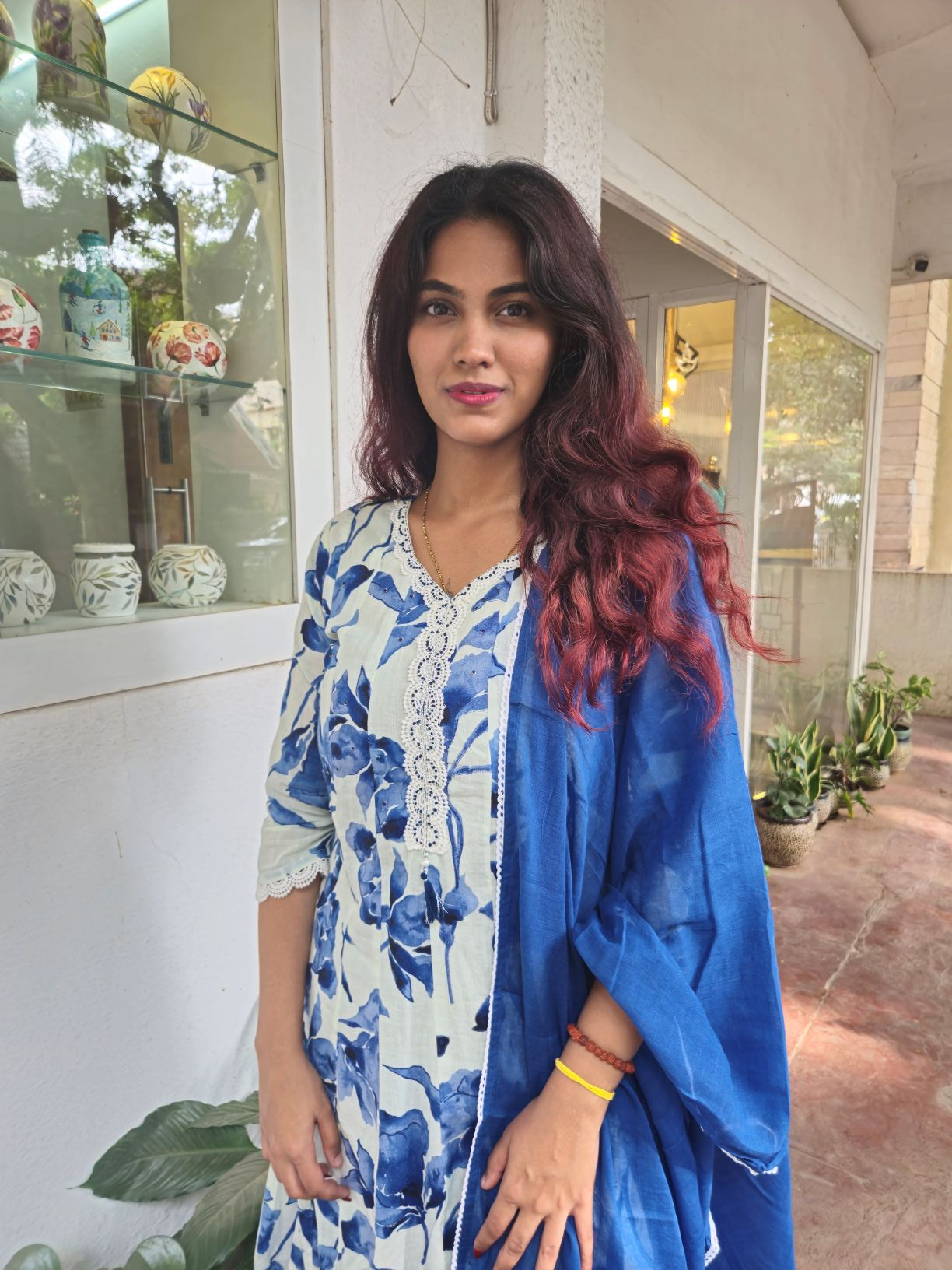 Blue white cotton anarkali dupatta set