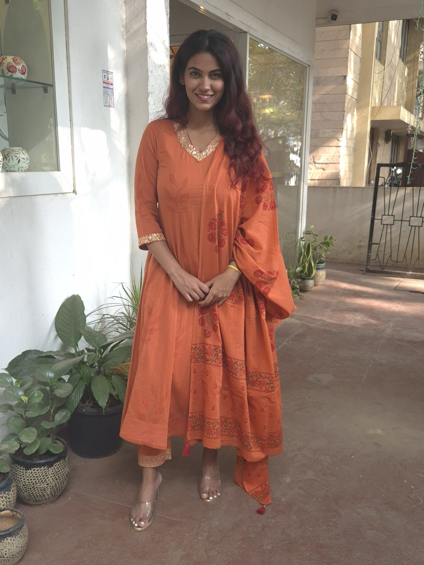 Rust Stylish Aline  Cotton Dupatta Set