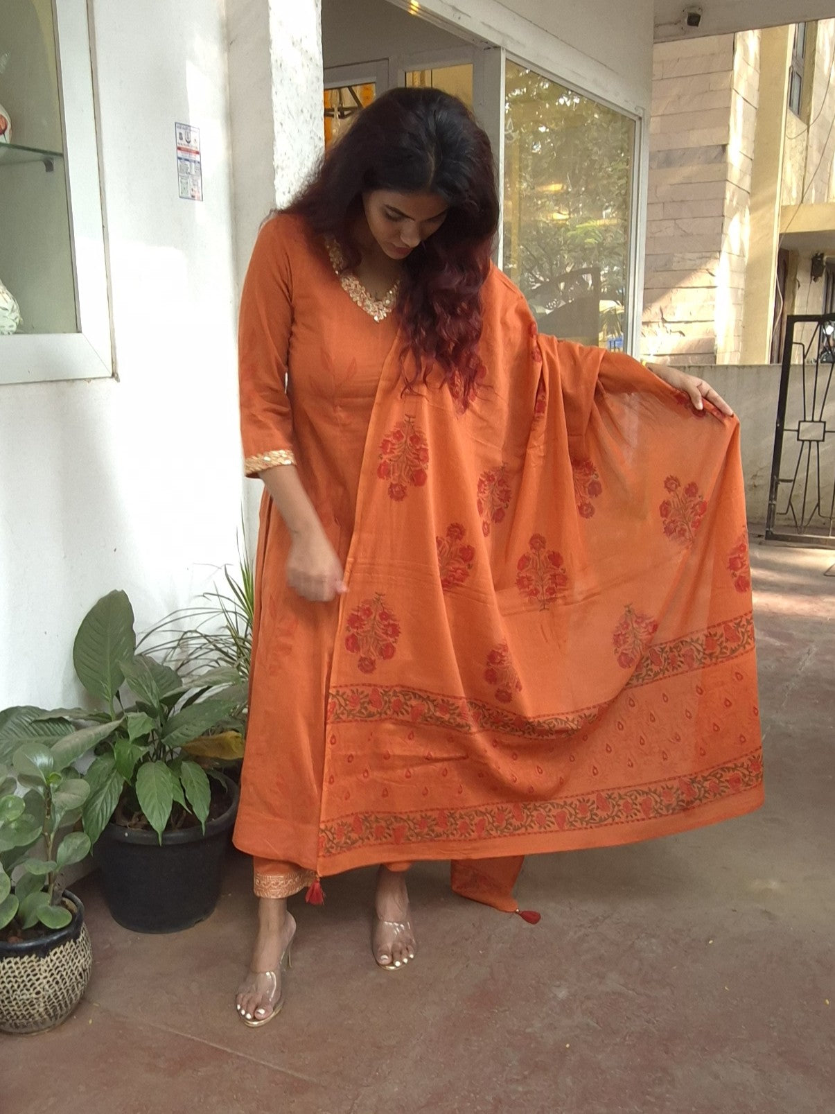 Rust Stylish Aline  Cotton Dupatta Set