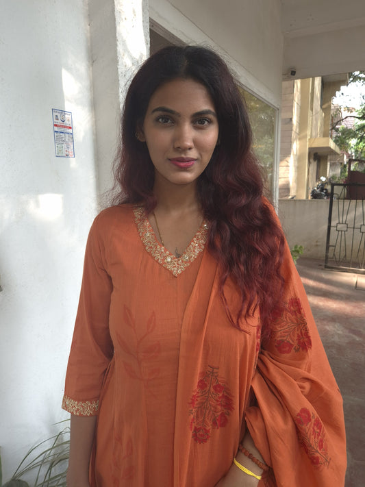 Rust Stylish Aline  Cotton Dupatta Set