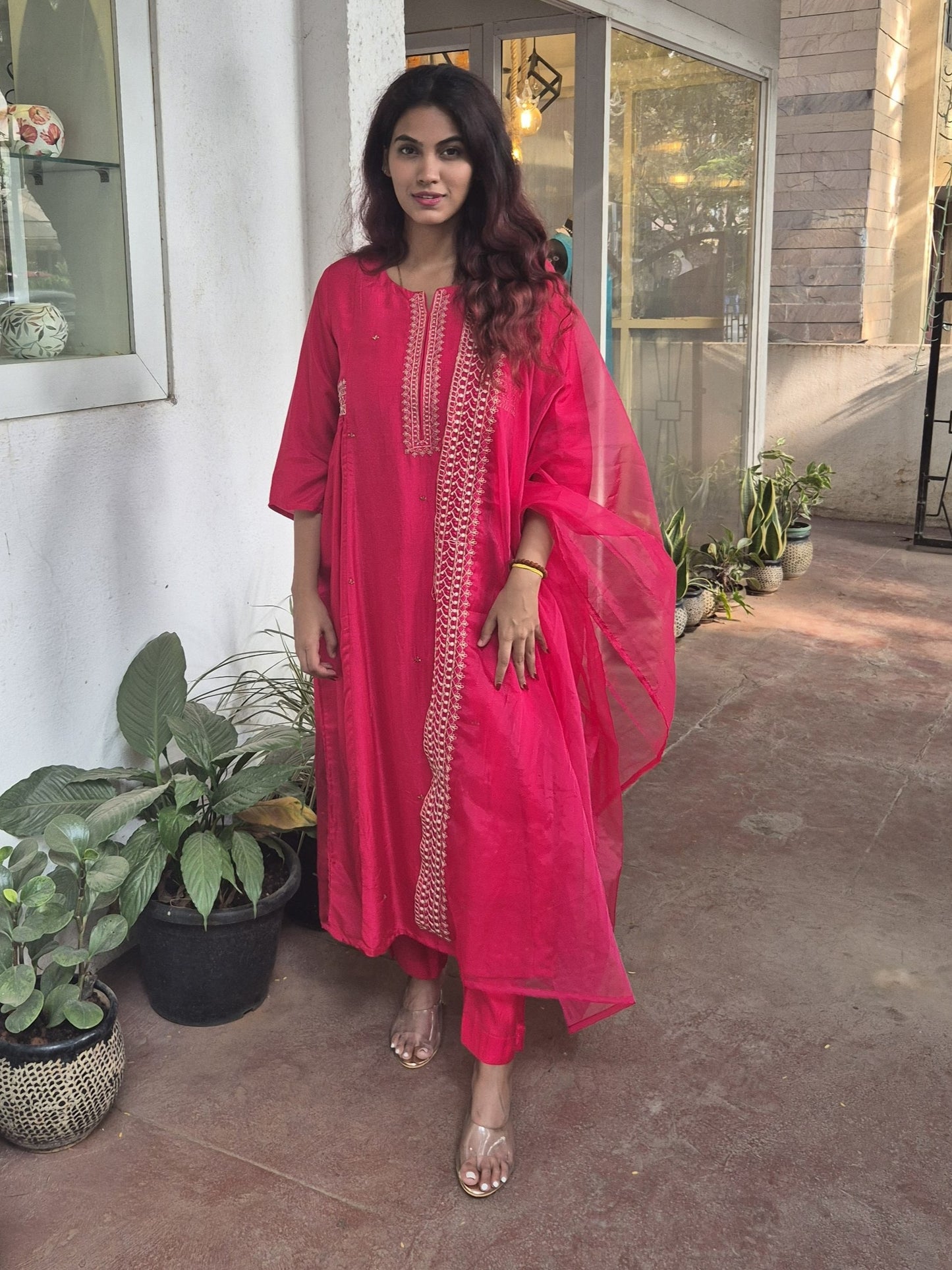 Red Dola Silk Partywear Heavy Embroidery Dupatta Set