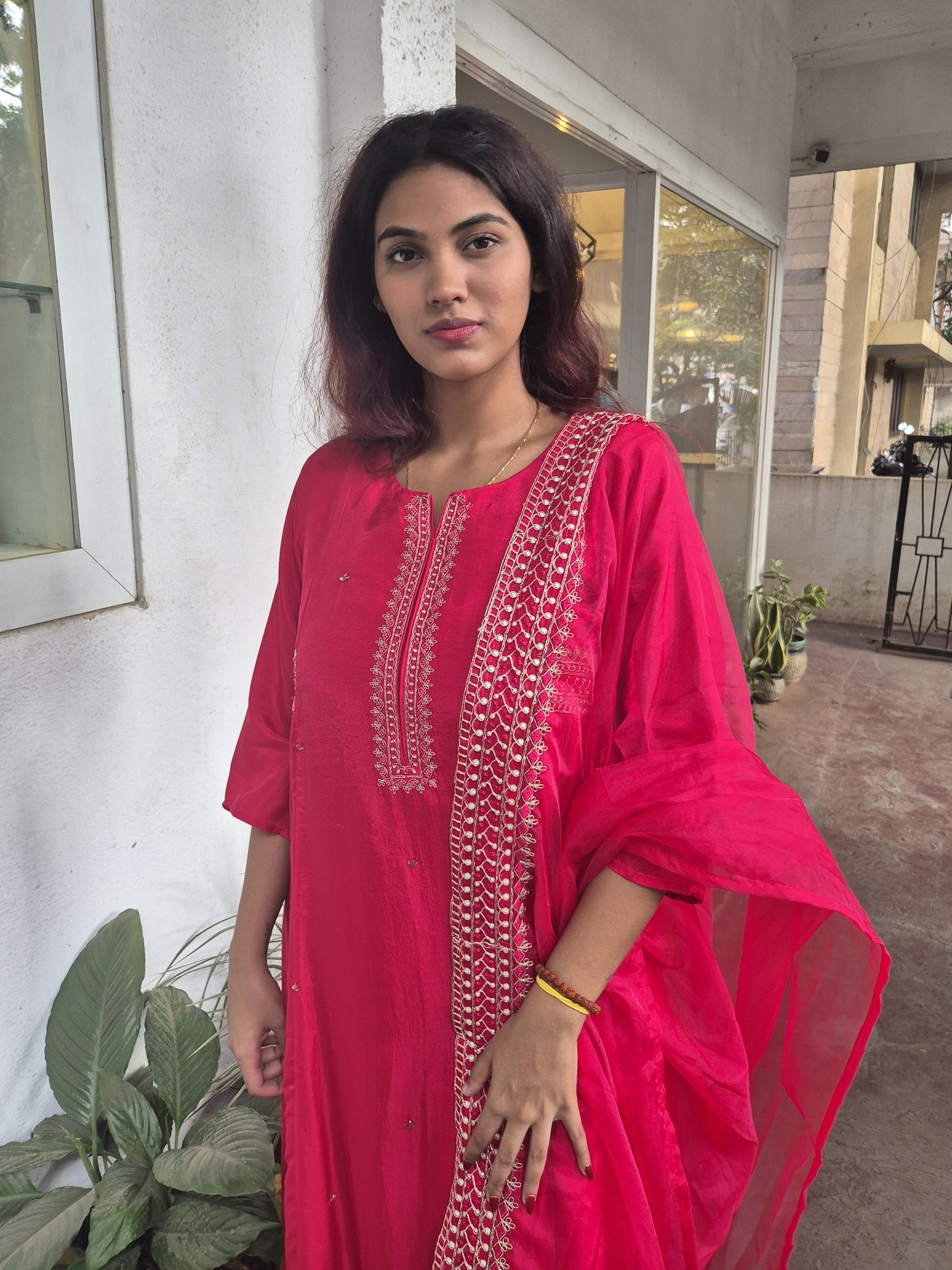 Red Dola Silk Partywear Heavy Embroidery Dupatta Set