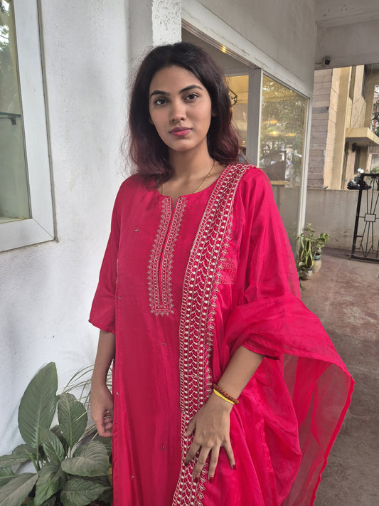 Red Dola Silk Partywear Heavy Embroidery Dupatta Set