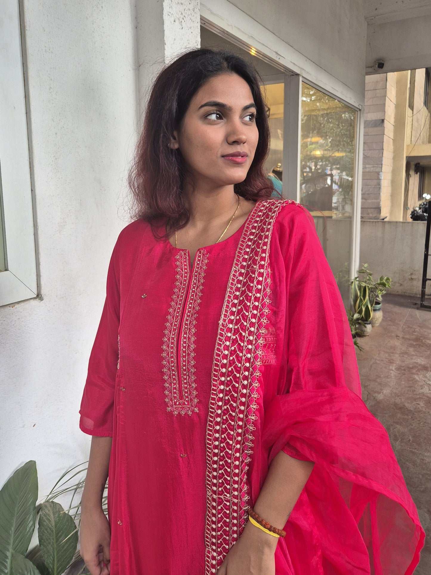 Red Dola Silk Partywear Heavy Embroidery Dupatta Set