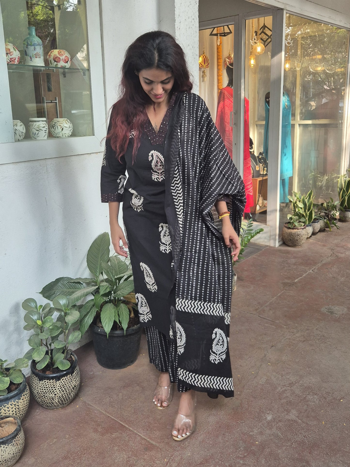 Black V Neck Dupatta Set