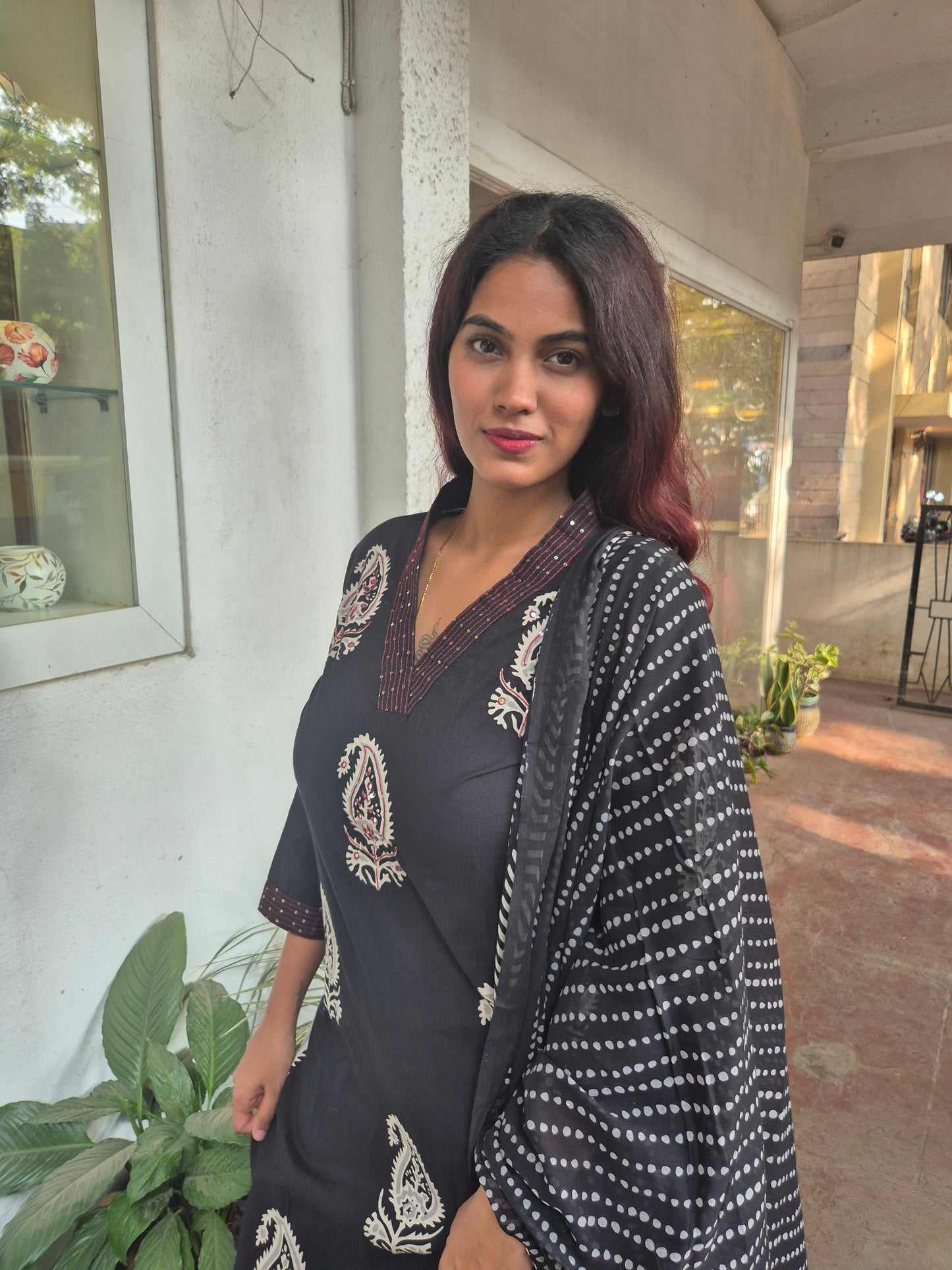 Black V Neck Dupatta Set