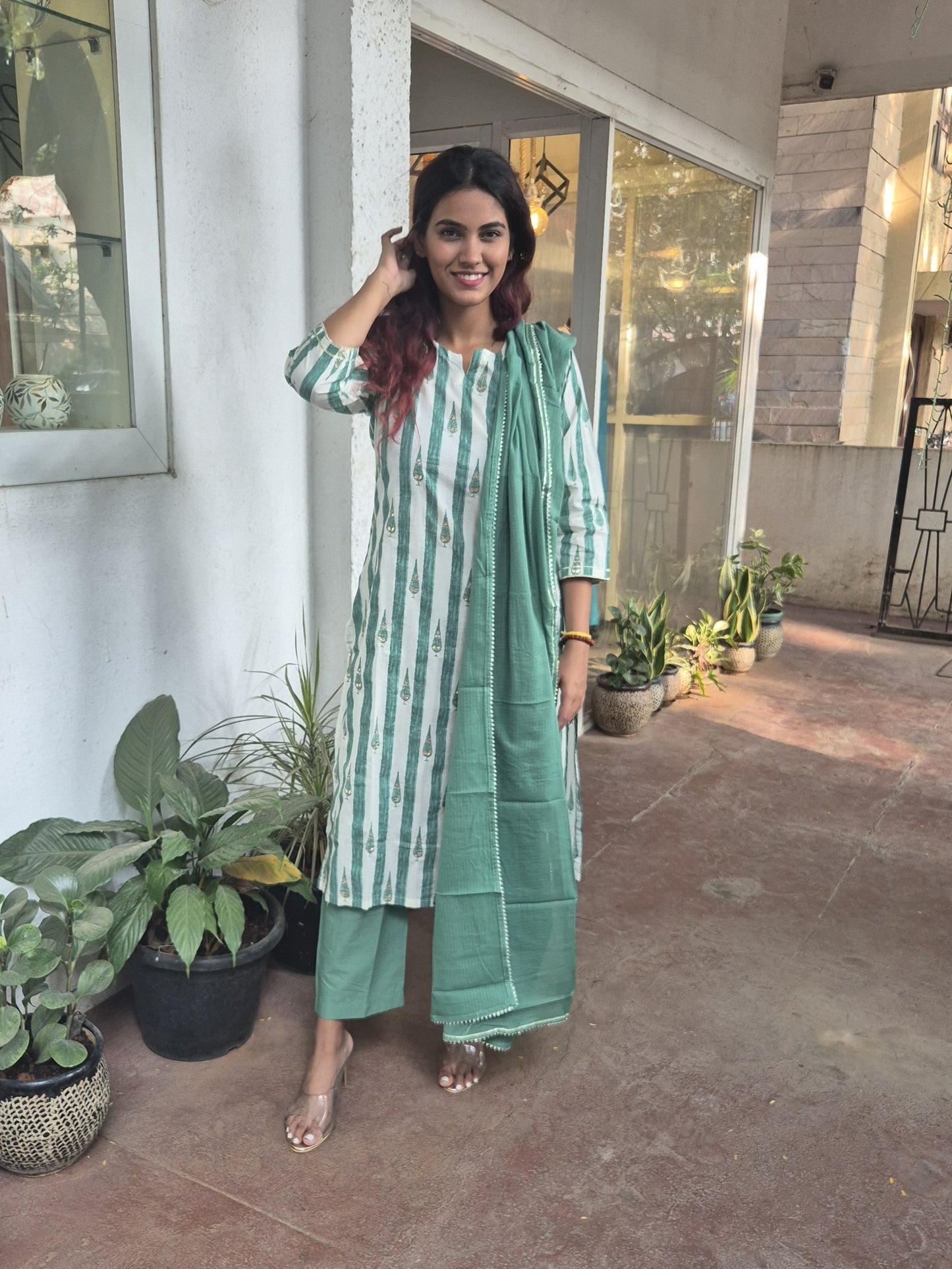 Green And White Striped Cotton Dupatta Set