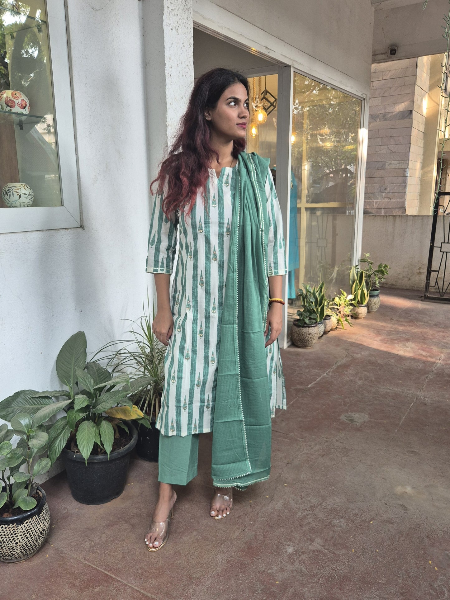 Green And White Striped Cotton Dupatta Set