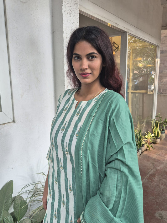 Green and White Striped Cotton Dupatta Set