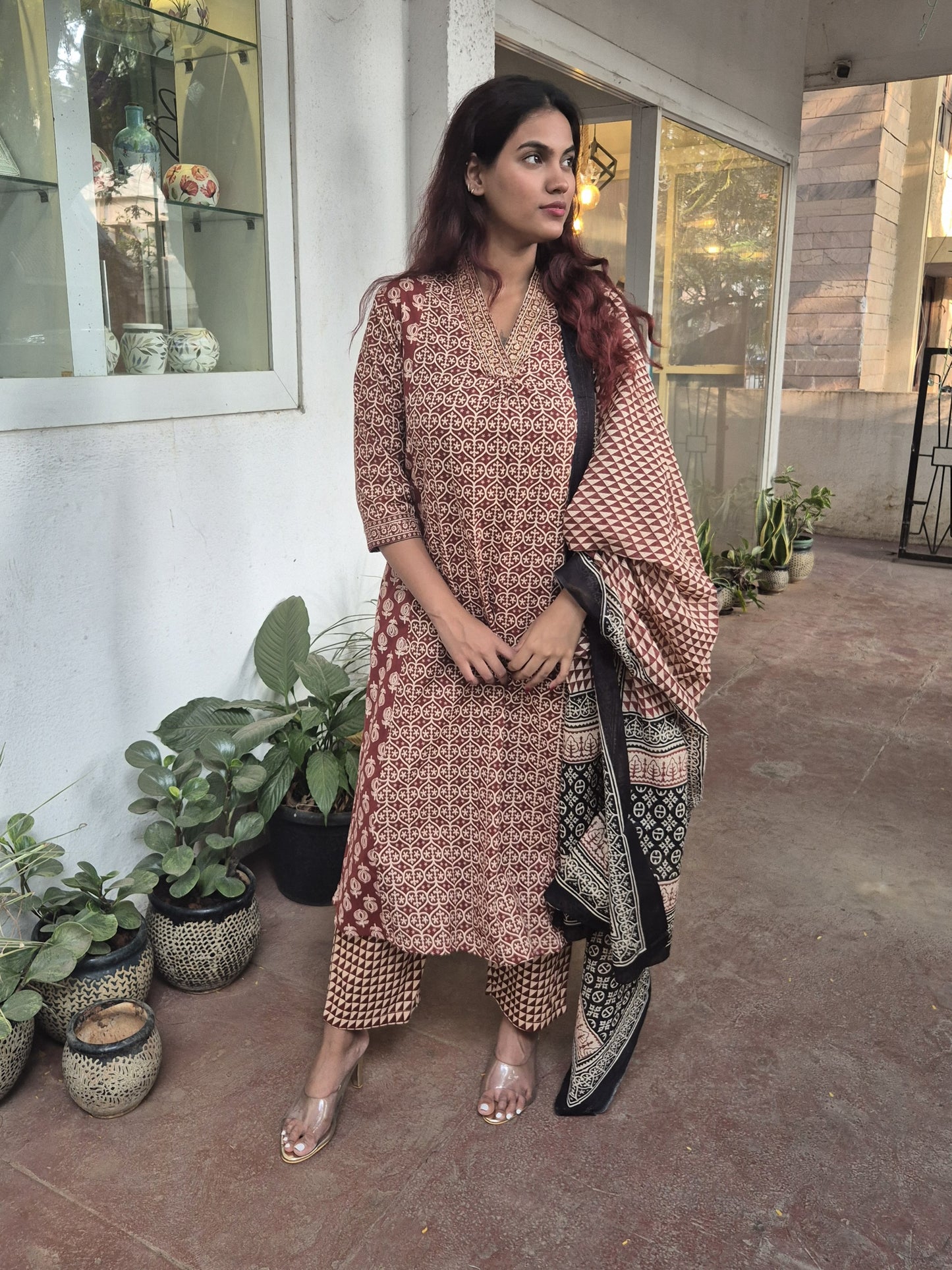 Brown Cotton Dupatta Set