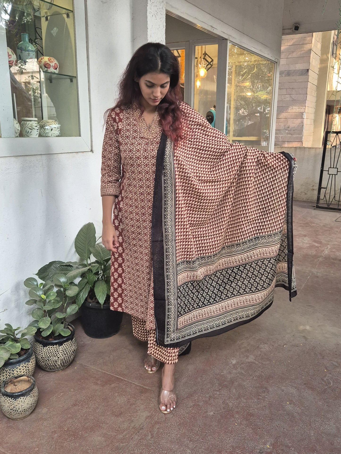 Brown Cotton Dupatta Set