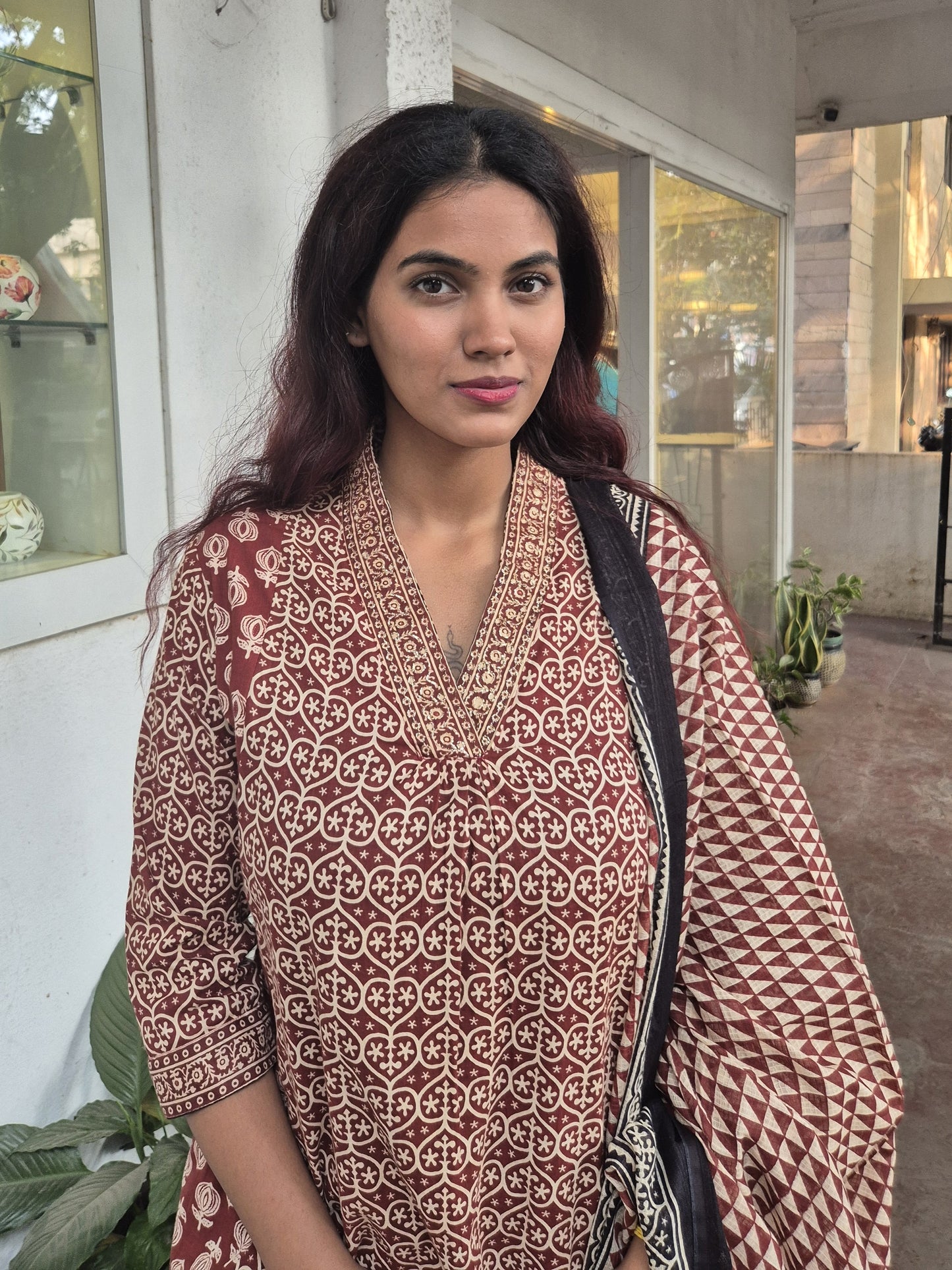 Brown Cotton Dupatta Set