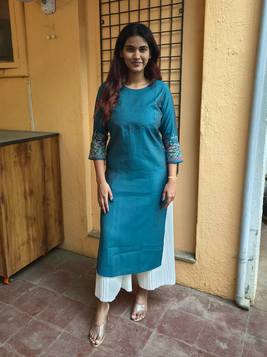 Blue Embroidery Cotton Kurti
