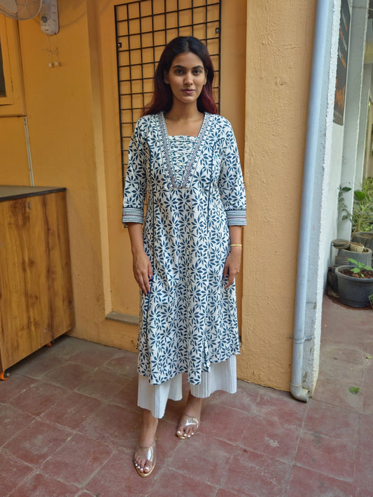 Blue V Neck Cotton Kurti