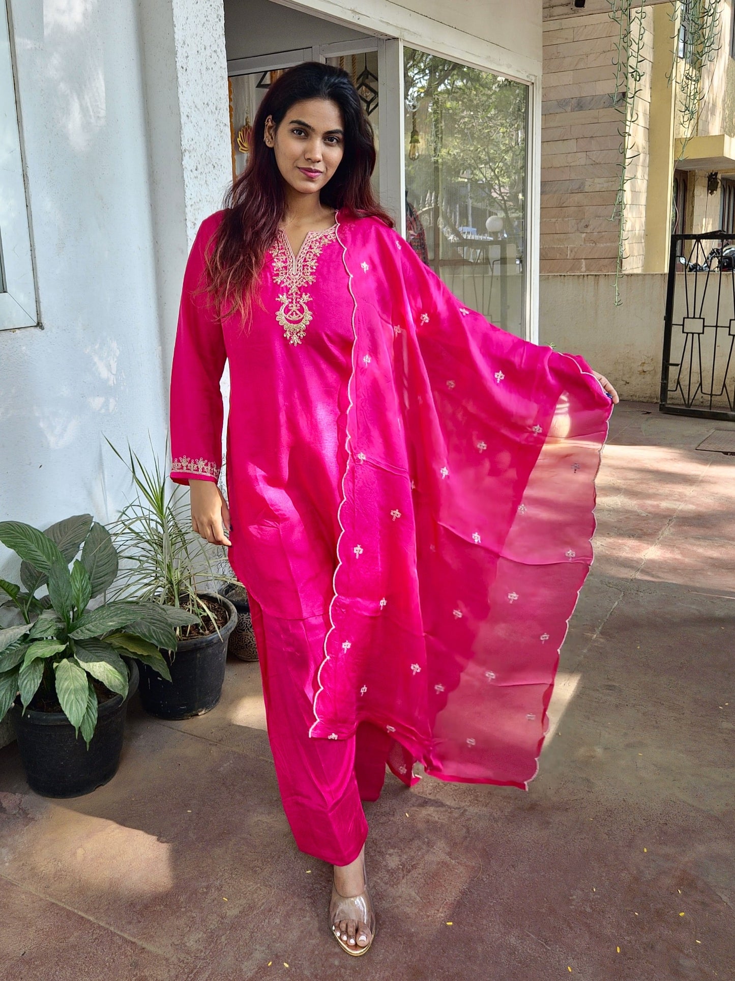 Pink Short Top Party Wear Dupatta Set