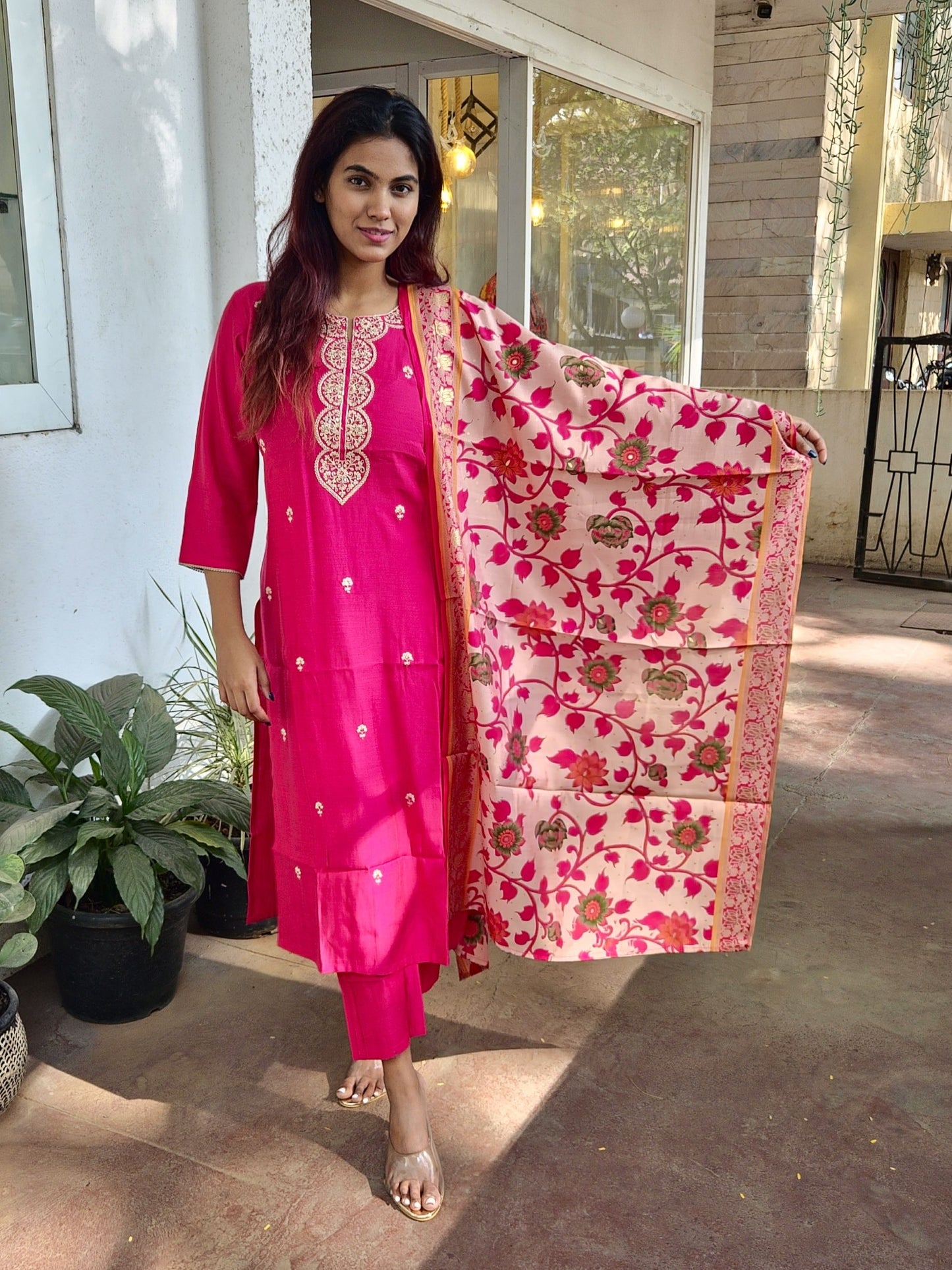 Pink Silk Party Wear Dupatta Set