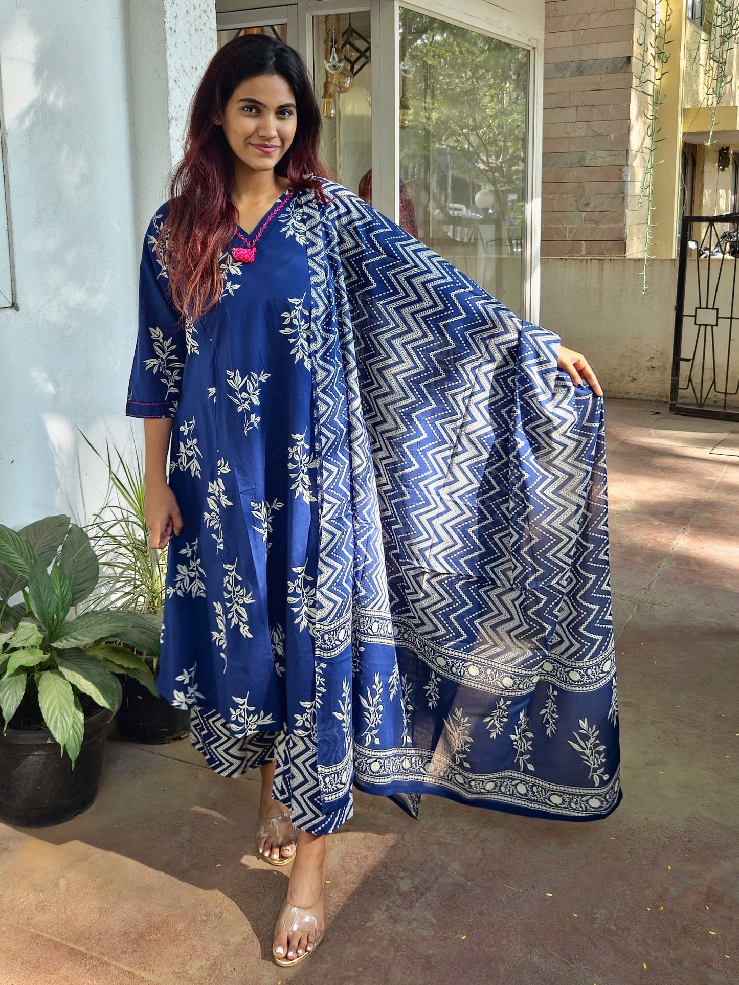 Navy Blue Cotton Dupatta Set
