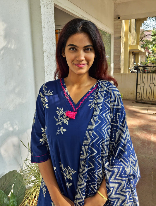 Navy Blue Cotton Dupatta Set