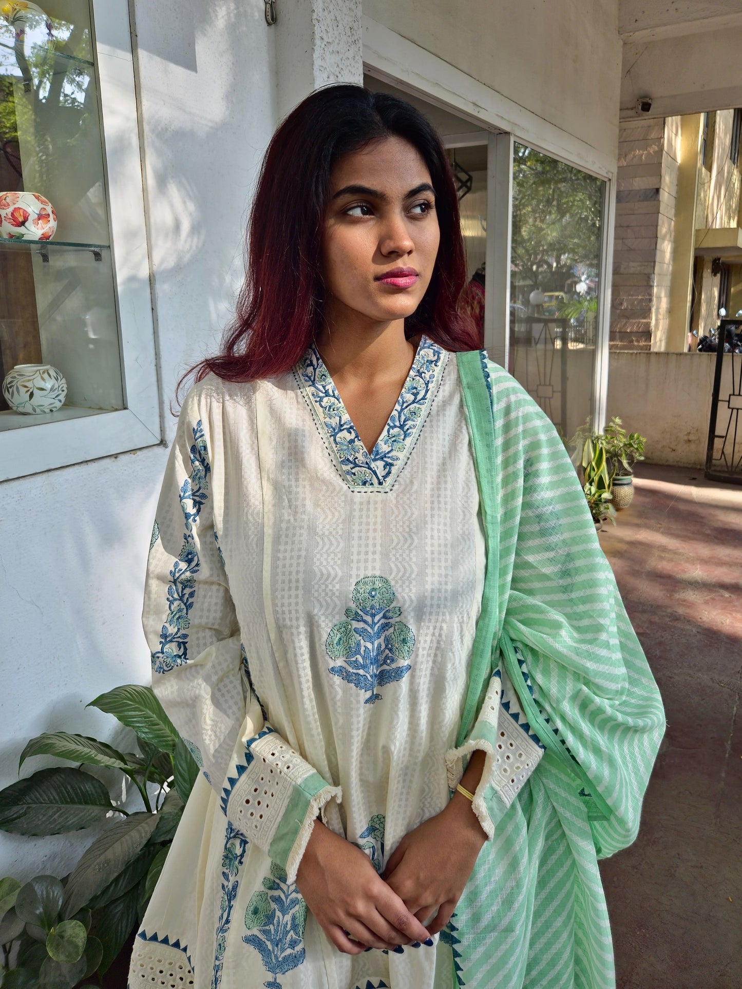 White Cotton Short Kurta Dupatta Set