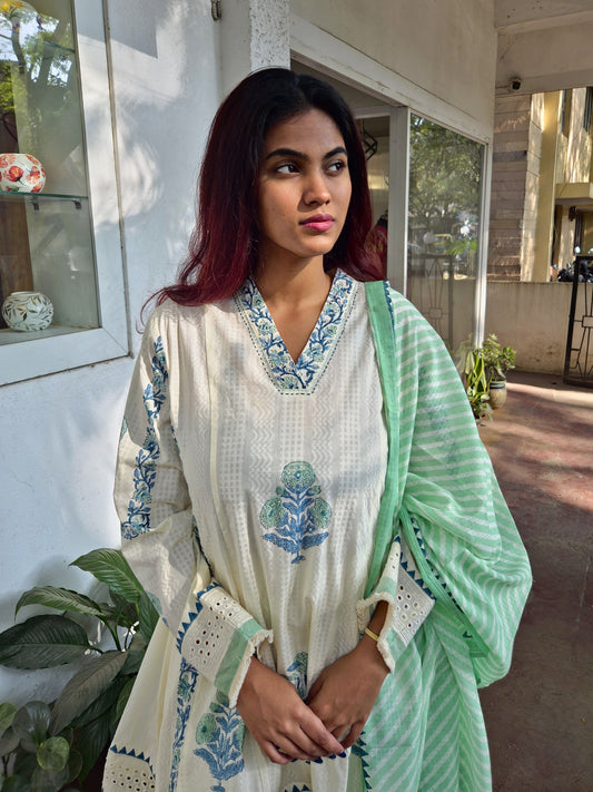 White Cotton Short Kurta Dupatta Set