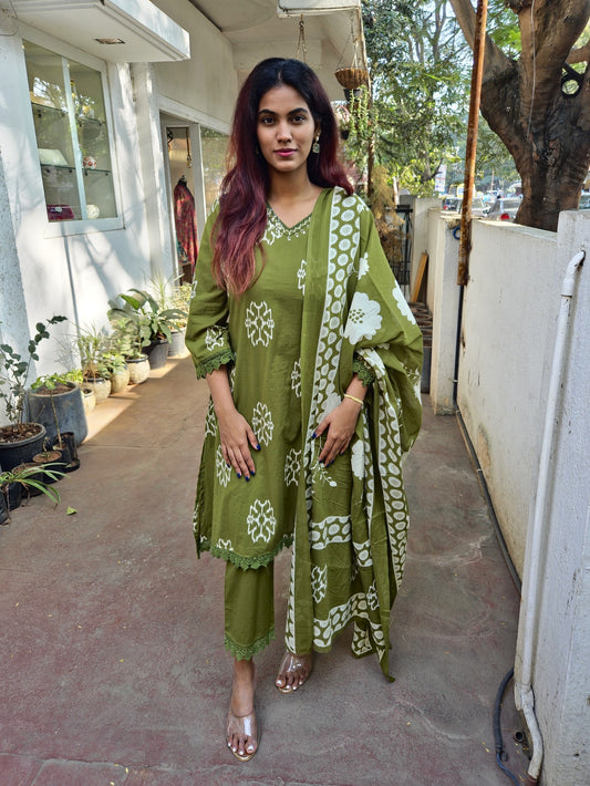 Green Cotton Dupatta Set