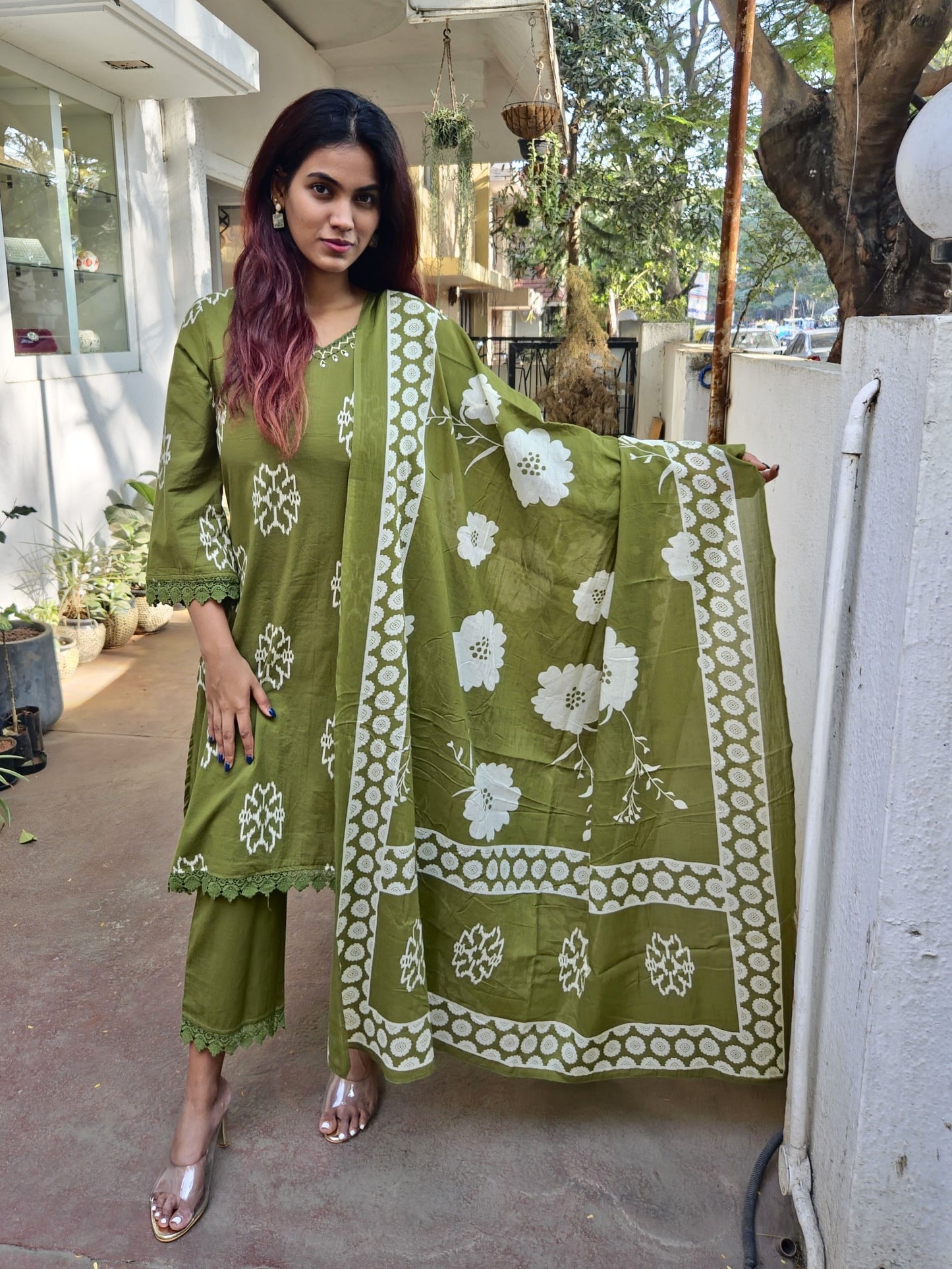 Green Cotton Dupatta Set