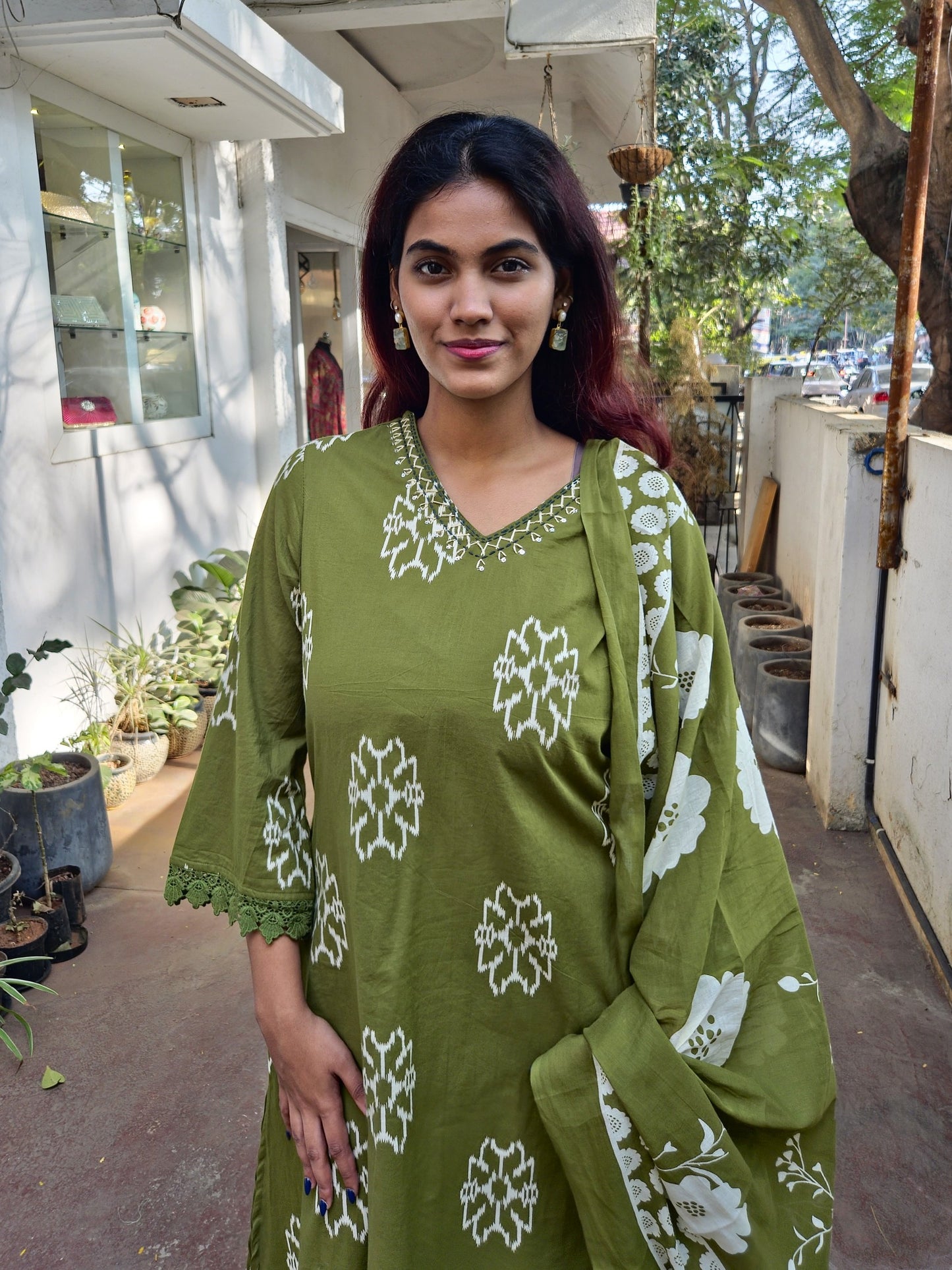 Green Cotton Dupatta Set