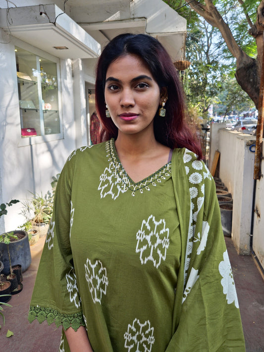 Green Cotton Dupatta Set