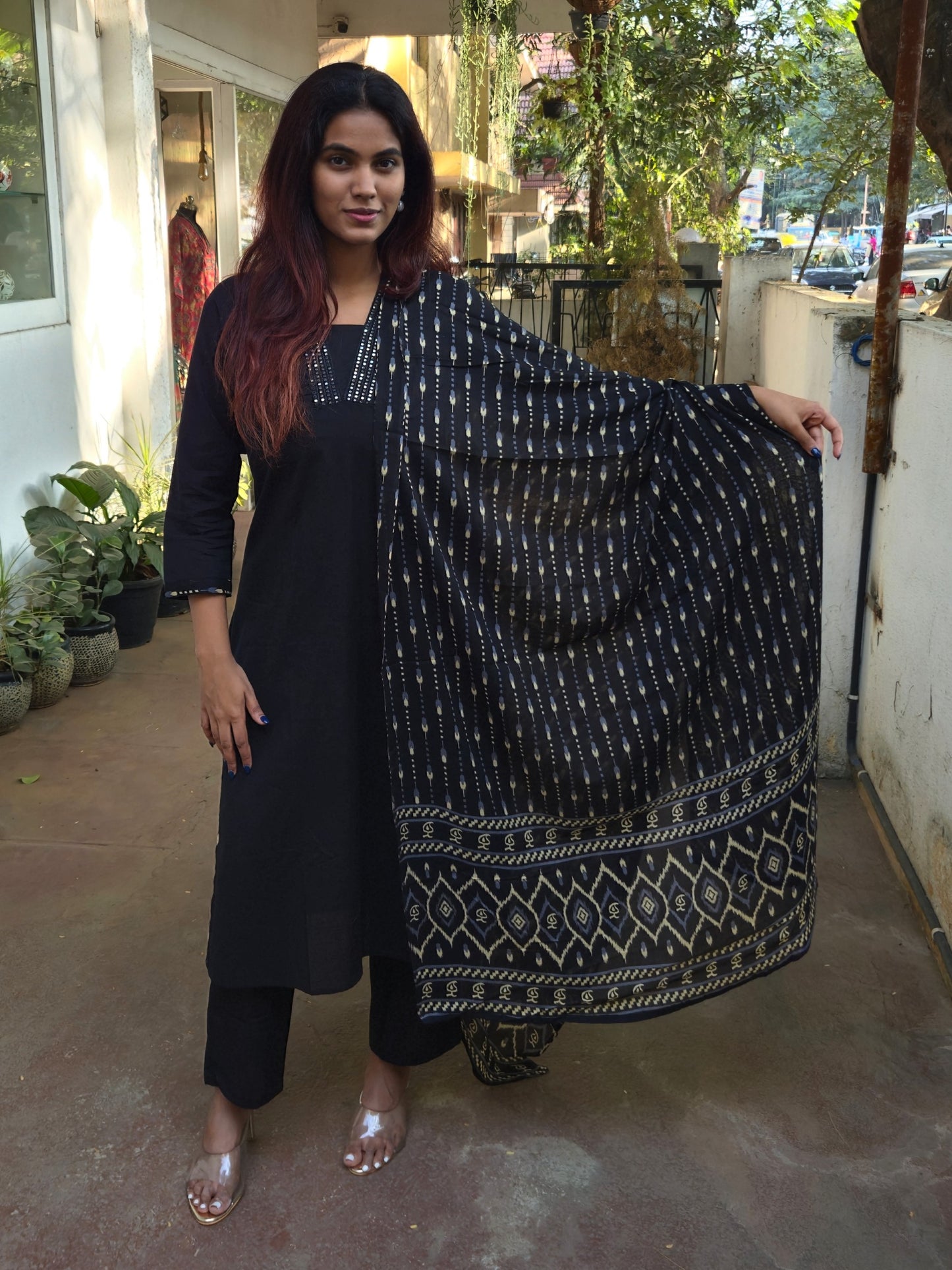 Black Cotton Dupatta Set