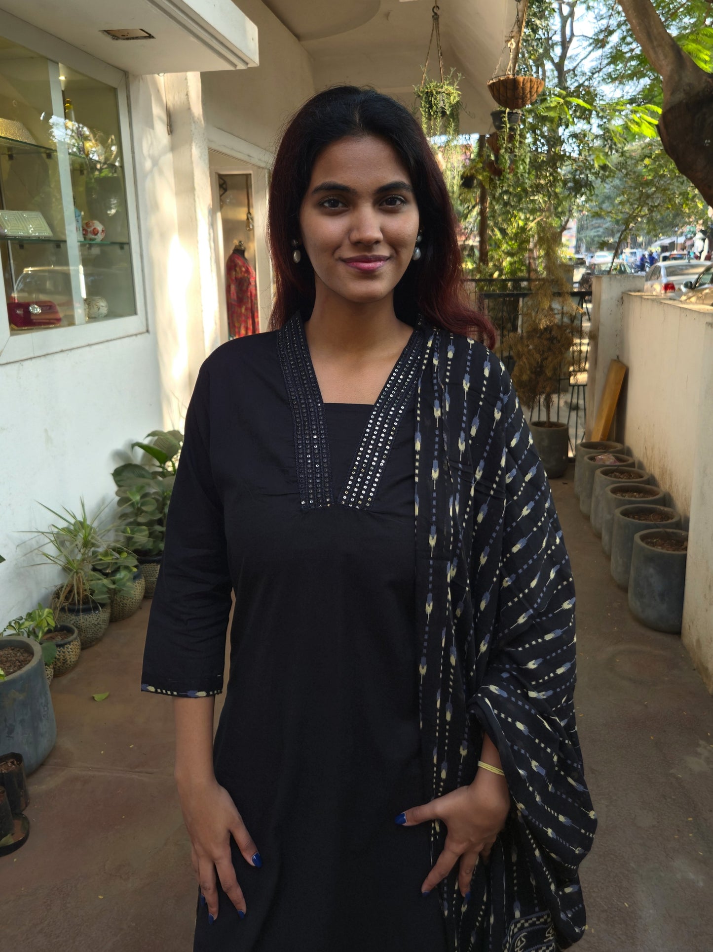 Black Cotton Dupatta Set