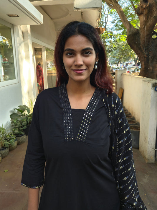 Black Cotton Dupatta Set