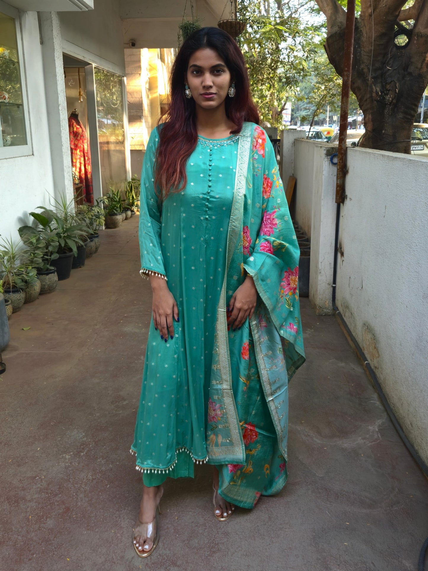 Green Silk Party Wear Dupatta Set