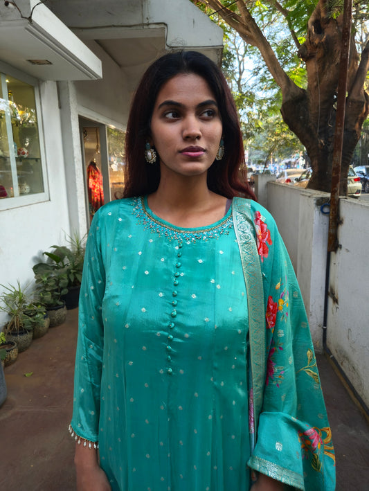 Green Silk Party Wear Dupatta Set