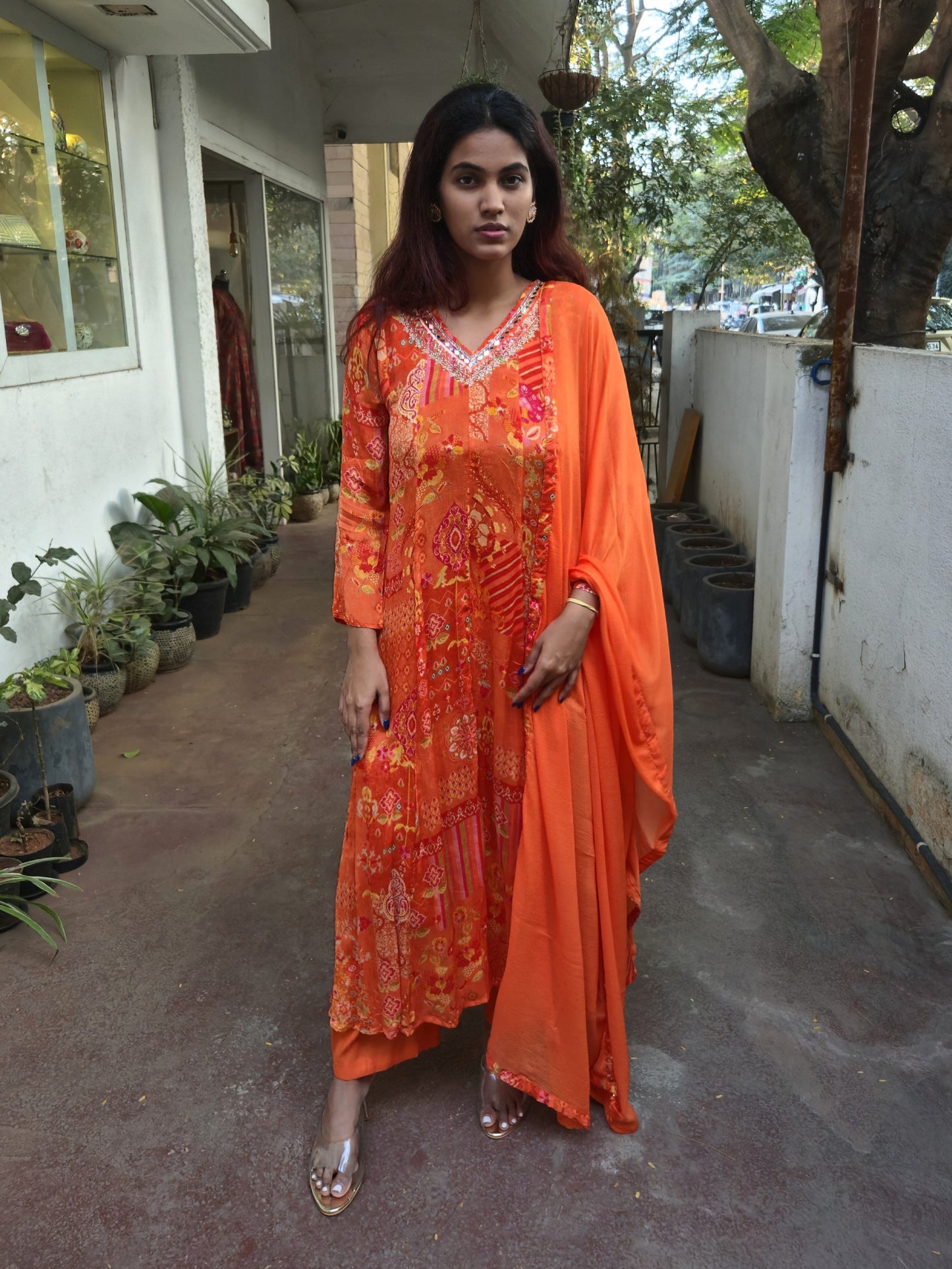 Orange Anarkali Partywear Dupatta Set