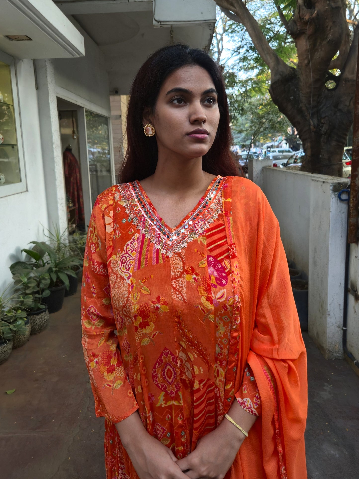 Orange Anarkali Partywear Dupatta Set