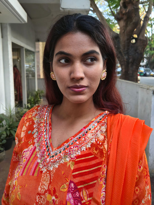 Orange Anarkali Partywear Dupatta Set