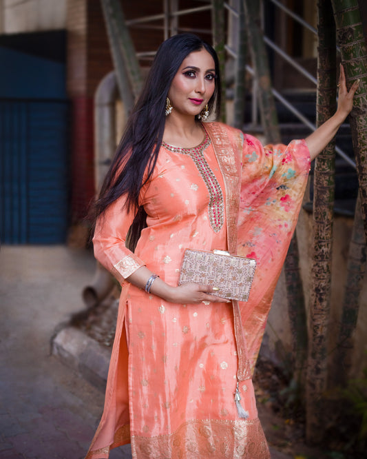Peach Organza Premium Kurta with Beautiful Flower Print Multi Color Dupatta