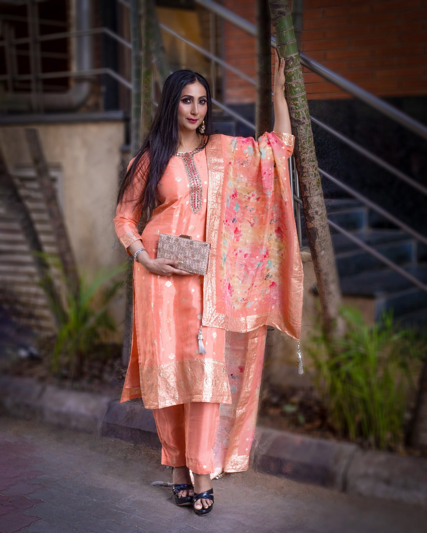 Peach Organza Premium Kurta with Beautiful Flower Print Multi Color Dupatta