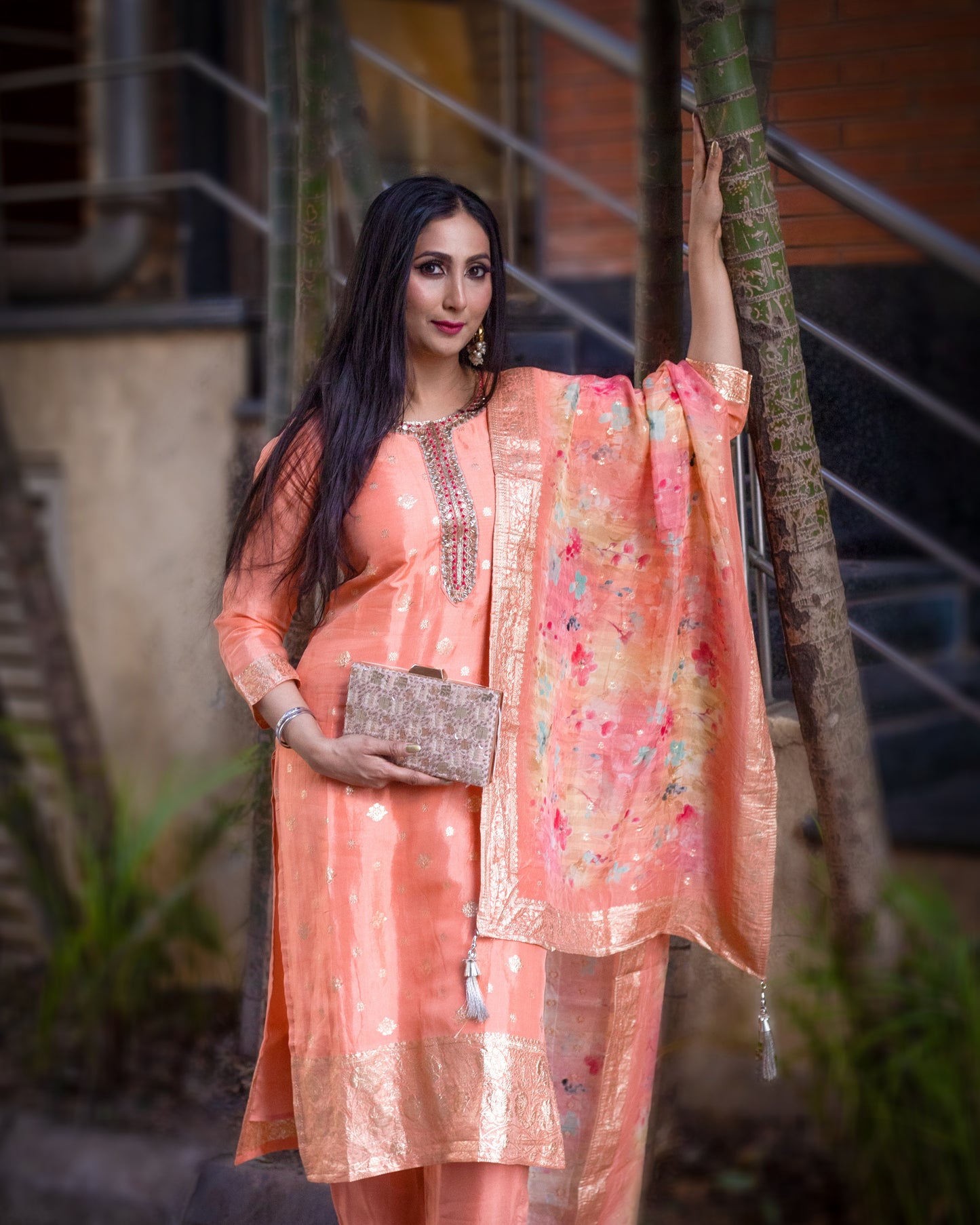 Peach Organza Premium Kurta with Beautiful Flower Print Multi Color Dupatta